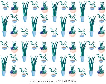 Flowers in Ceramic Pots Botanical Seamless Pattern. Endless Background with House Plants and Flowers. Flat Cartoon Various Types Succulents. Print Textile, Wallpaper, Wrapping Vector Illustration