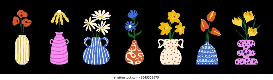 Flowers in ceramic vases. Floral bouquet in clay pots, abstract floristic arrangements, colorful blooming plants in pottery groovy aesthetic, contemporary botanical stickers. Vector set.