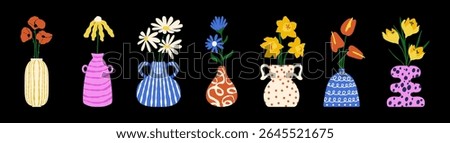 Flowers in ceramic vases. Floral bouquet in clay pots, abstract floristic arrangements, colorful blooming plants in pottery groovy aesthetic, contemporary botanical stickers. Vector set.