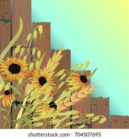 Flowers and cereals on wooden boards