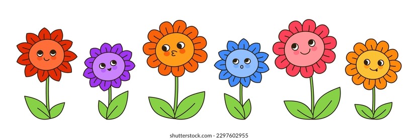 Flowers chamomile comic cartoon set. Comics kids linear floral cute characters with funny caricature emoticon faces. Child hand drawn summer smiley wildflower retro doodle design vector illustration