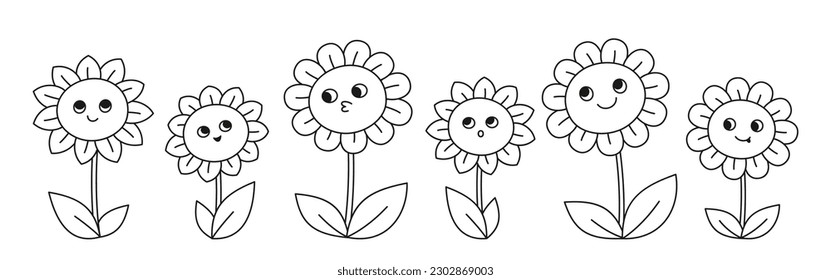 Flowers chamomile doodle comic cartoon set. Comics kids linear floral cute characters with funny caricature emoticon faces. Child hand drawn summer wildflower retro design vector illustration