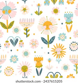 Flowers characters with faces seamless pattern. A naive childish hand-drawn illustration in scandinavian style. Spring chamomile and tulips. Funny texture for surface design, textile, fabric