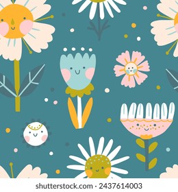 Blumen Zeichen mit lächelnden Gesichtern nahtlose Muster. Eine naive kindische handgezeichnete Illustration im skandinavischen Stil. Frühlingskamille und Tulpen. Lustige Textur für Oberflächendesign, Textil, Stoff