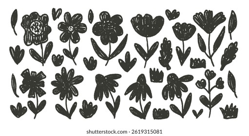 Flowers charcoal drawn set. Naive floral doodle isolated on white background. Daisy, poppy, grass, leaves black sketch elements. Vector childish style illustration by pencil.