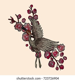 flowers cherry blossom and crane, east. traditional stylish fashionable embroidered embroidery on a black background. sketch for printing on fabric, bag, clothes, accessories and design. trend vector