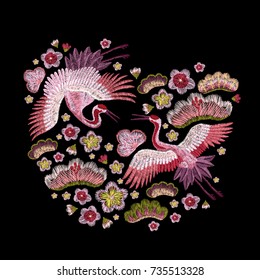 flowers cherry blossom and crane, east. traditional stylish fashionable embroidered embroidery on a black background. sketch for printing on fabric, bag, clothes, accessories and design. trend vector