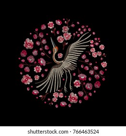 flowers cherry blossom and crane, east. traditional stylish fashionable embroidered embroidery on a black background. sketch for printing on fabric, bag, clothes, accessories and design. trend vector