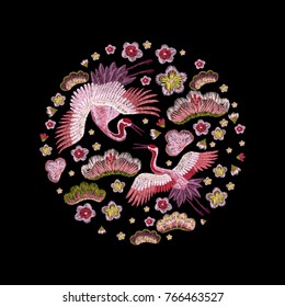 flowers cherry blossom and crane, east. traditional stylish fashionable embroidered embroidery on a black background. sketch for printing on fabric, bag, clothes, accessories and design. trend vector