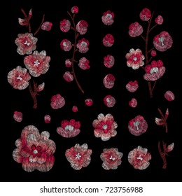 flowers cherry blossom, east. traditional stylish fashionable embroidered embroidery on a black background. sketch for printing on fabric, bag, clothes, accessories and design. trend vector