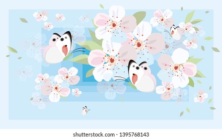 Flowers of cherry and butterflies. Spring tender background. Vector illustration.