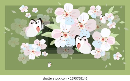 Flowers of cherry and butterflies. Spring tender background. Vector illustration.