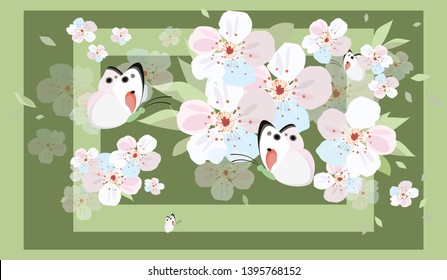 Flowers of cherry and butterflies. Spring tender background. Vector illustration.