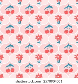 Flowers with cherry crayon drawn seamless pattern. Floral coquette allover background. Damask botanic with cherry repeat backdrop. Surface pattern design spring motif. Vector hand drawn illustration.