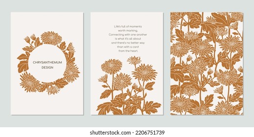 Flowers Chrysanthemum greeting card template in minimal line art style. Cover, seamless background, frame.