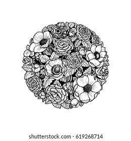 Flowers in the circle. Buttercup, wild rose. Black and white vector illustration, coloring page.