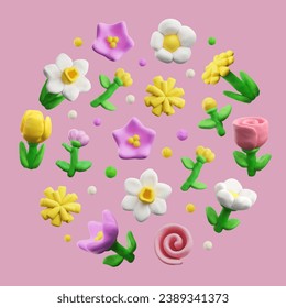 Flowers, circle composition, plasticine art, realistic 3D vector illustration on pink background. Cute blossoms for spring design. Different cartoon flowers. Decoration plasticine elements.