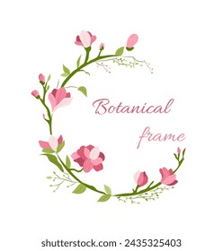 Flowers circle frame. Bouquets for wedding and marriage ceremony. Pink plant buds with text. Typography and calligraphy. Cartoon flat vector illustration isolated on white background