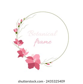 Flowers circle frame. Bouquets for wedding and marriage ceremony. Pink plant leaves. Poster or banner for website. Cartoon flat vector illustration isolated on white background