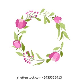 Flowers circle frame. Bouquets for wedding and marriage ceremony. Beauty, aesthetics and elegance. Watercolor drawning. Cartoon flat vector illustration isolated on white background