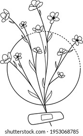 Flowers and circle. Idea for logo. Black and white, herbal.