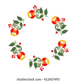 Flowers in a circle on a white background. National Ukrainian painting. 
Petrikovka decorative flowers. Ukraine. 