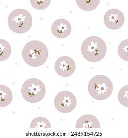 flowers in circle shapes on  white polka dots background seamless pattern , vector illustration