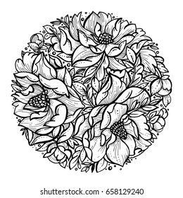 Flowers in the circle. Vector tattoo in vintage style. Isolated vector illustration.Tattoo salon logos and tattoo machine isolated on white background. Design elements, icons, badges and stamps.