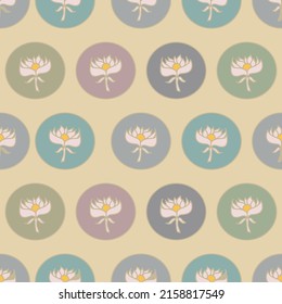 Flowers in circles vector seamless repeat pattern on a cream backdrop