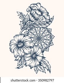 Flowers and circular ornament. Ink in the style of antique engraving.   Vector illustration. All elements are made separately and grouped. 