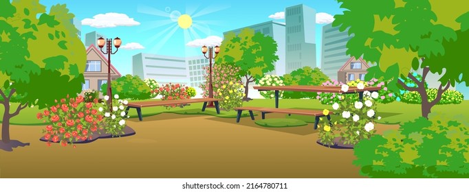 flowers in the city flowerbeds shrubs with roses in the park with benches and lanterns a place to relax table daisies near the house trees ecology clean air beauty