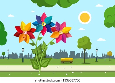 Flowers in City Park Vector Illustration. Sunny Summer Day Urban Landscape.