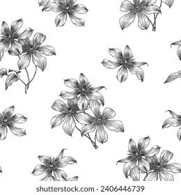 Flowers of Clematis Black and white Vector seamless pattern. Hand drawn sketch. Elegant floral elements. Background for design packaging , textile