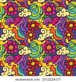 flowers and cloud acid abstract concept. abstract colorfull acid psychedelic unique abstract repeatable seamless patern vector illustration