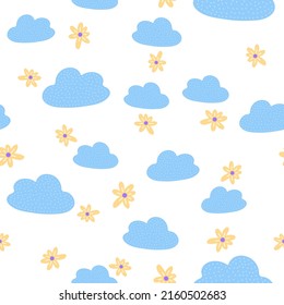 Flowers and cloud seamless pattern. Scandinavian style background. Vector illustration for fabric design, gift paper, baby clothes, textiles, cards.