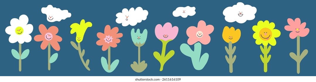 flowers and clouds with faces set in doodle style in vector. Element for poster sticker design logo decoration prints mascot card