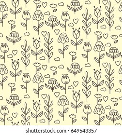 Flowers clouds floral cute black and white seamless vector pattern