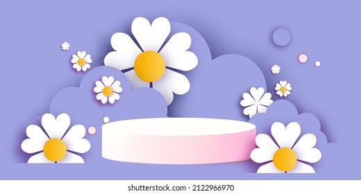 Flowers and clouds. Happy Women's Day or Mother's Day. 3D Podium scene or pedestal on pink minimal design paper cut craft studio for display product mockup design.