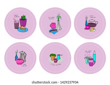 Flowers coffee season Quote cup typography sticker set. Hand drawn postcard. Cute simple primitive vector color still life sign. Hot Drink Shop promotion motivation. Lifestyle vector lettering jar ice