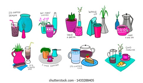 Flowers coffee season Quote cup typography sticker set. Hand drawn postcard. Cute simple primitive vector color still life sign. Hot Drink Shop promotion motivation. Lifestyle vector lettering jar ice