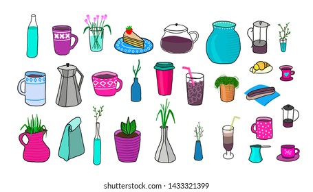 Flowers coffee season Quote cup typography sticker set. Hand drawn postcard. Cute simple primitive vector color still life sign. Hot Drink Shop promotion motivation. Lifestyle vector lettering jar ice