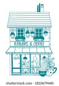 Flowers coffee shop.  Restaurant exterior illustration. Coffee and shop facade. Lounge concept. Hand drawn stock vector.