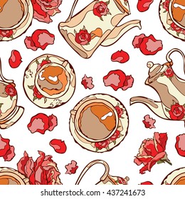 Flowers and coffee (tea). Beautiful service. Seamless vector pattern (background). Coffee cup and coffee pot.