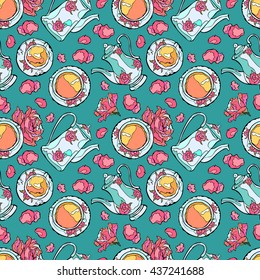 Flowers and coffee (tea). Beautiful service. Seamless vector pattern (background). Coffee cup and coffee pot.