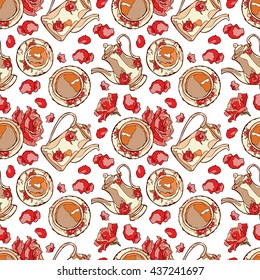 Flowers and coffee (tea). Beautiful service. Seamless vector pattern (background). Coffee cup and coffee pot.