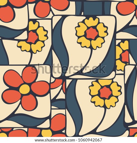 The flowers collected by their fragments of squares are arranged in a careless manner. Seamless multi-colored pattern. Peculiar camouflage.