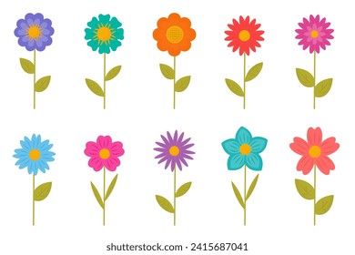 Flowers collection in cartoon style. Colorful cute spring flower isolated on white. Floral botanical illustration, hand drawn simple, vector elements. Spring blossom, blooming.
