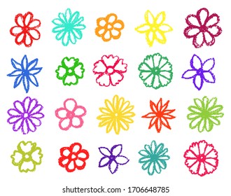 Flowers collection. Children drawling style color flower set. Hand drawn wax crayons art on white background. Isolated chalk style icons.  flowers, leaves. Freehand colorful flower clip art.