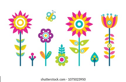 Flowers collection in flat style design, abstract blooming buds vector illustration of springtime decor elements, cartoon bee and ornamental plants