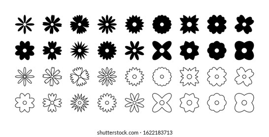 Flowers collection, isolated on white background. Flowers vector icons in flat and linear design. Flowers in a row on white background. Vector illustration.